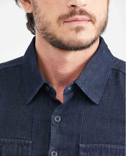 Camisa en Denim 100% Algodón Slim Fit Manga Larga Azul Ultra Oscuro para Hombre
