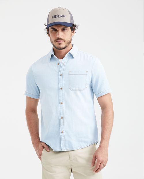 Camisa en Denim 100% Algodón  Slim Fit Manga Corta Azul Claro para Hombre