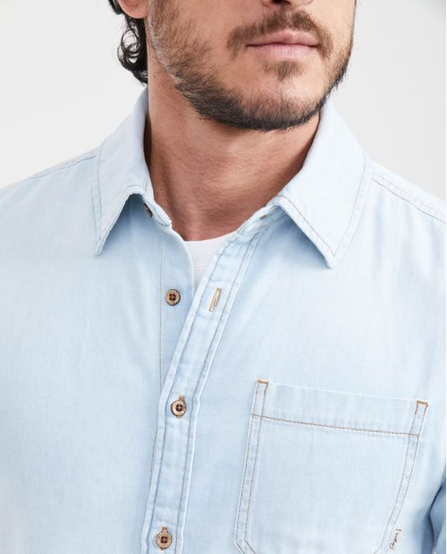 Camisa en Denim 100% Algodón  Slim Fit Manga Corta Azul Claro para Hombre