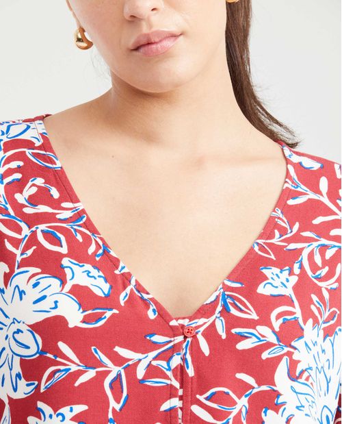 Camisa Estampada con Escote en V y Mangas con Volumen para Mujer