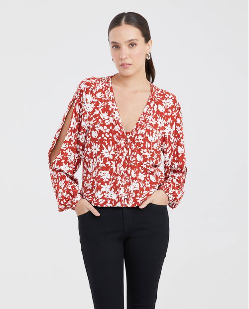 Camisa Estampada con Aberturas en Mangas para Mujer