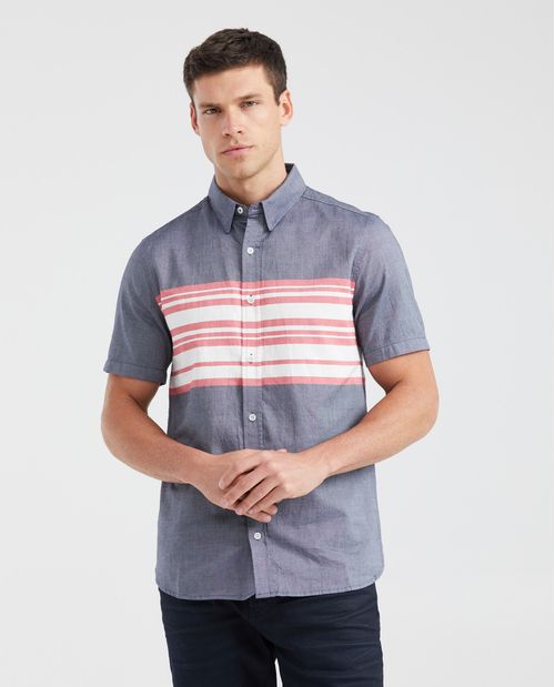 Camisa Slim Fit Manga Corta con Bloques de Color en Algodón para Hombre