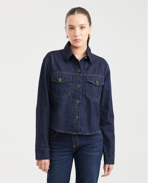Camisa en Denim Rígido Boxy Fit Manga Larga Azul Oscuro para Mujer