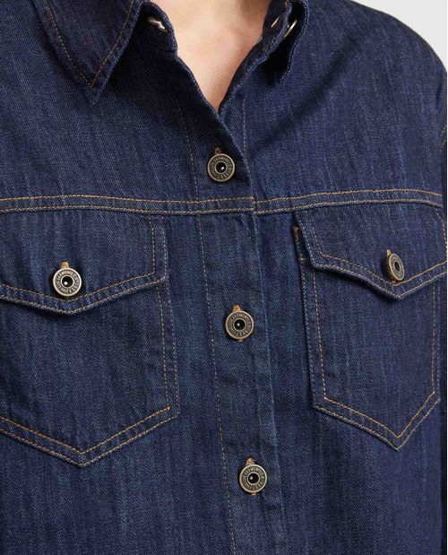 Camisa en Denim Rígido Boxy Fit Manga Larga Azul Oscuro para Mujer