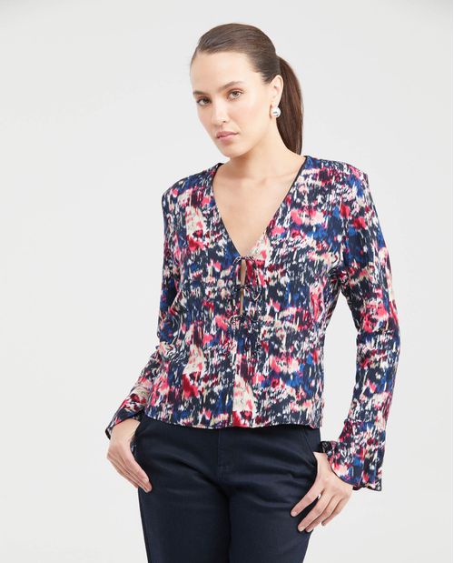 Camisa Estampada con Escote en V y Mangas Acampanadas para Mujer
