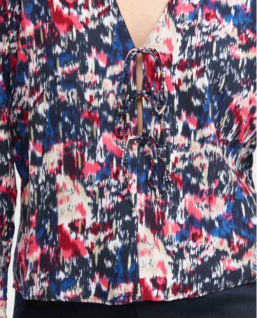 Camisa Estampada con Escote en V y Mangas Acampanadas para Mujer