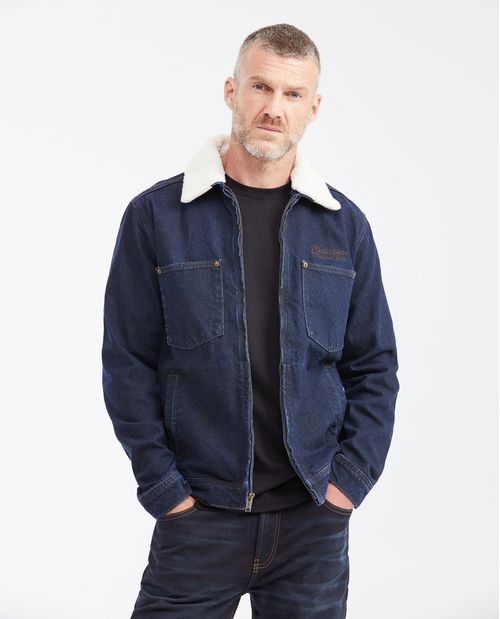 Chaqueta en Denim Tipo Trucker con Cuello Ovejero Removible Azul Oscuro para Hombre