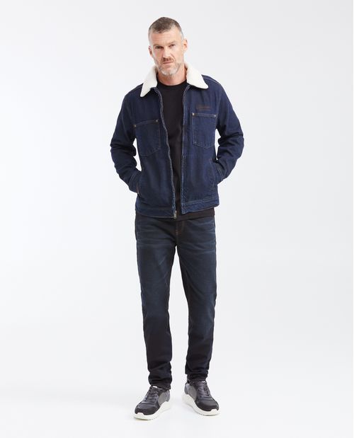 Chaqueta en Denim Tipo Trucker con Cuello Ovejero Removible Azul Oscuro para Hombre