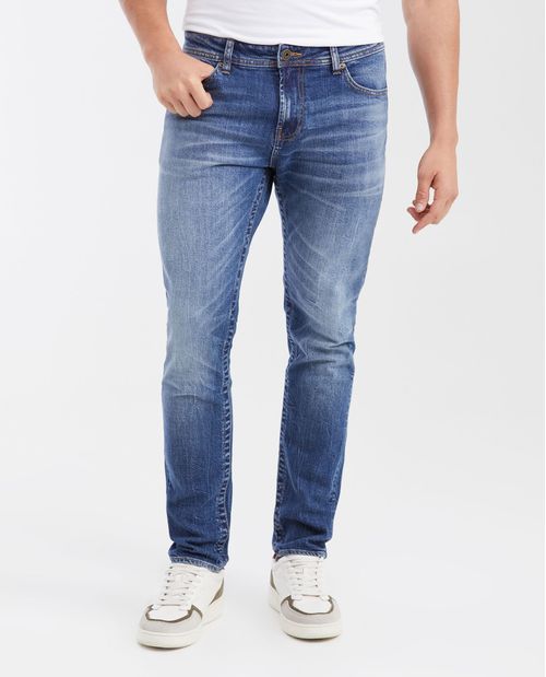 Jean Slim Fit Tiro Medio Bota Slim Azul Medio Lavado Vintage para Hombre