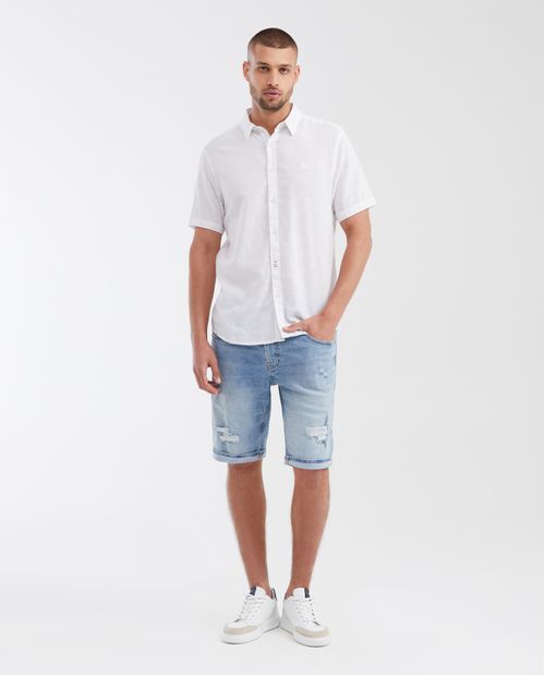 Camisa Classi Fit Manga Corta en Mezcla de Lino y Algodón para Hombre