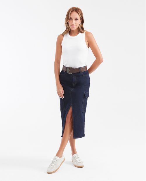 Falda Midi Tipo Cargo en Denim High Rise Azul Oscuro para Mujer