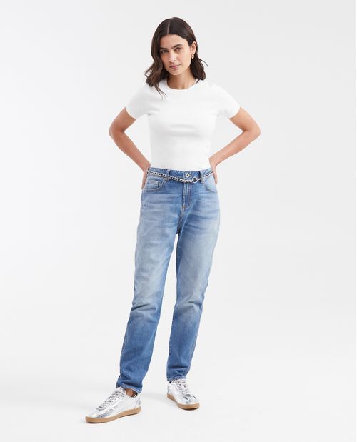 Jean Boyfit Tiro Medio Bota Skinny Azul Claro para Mujer