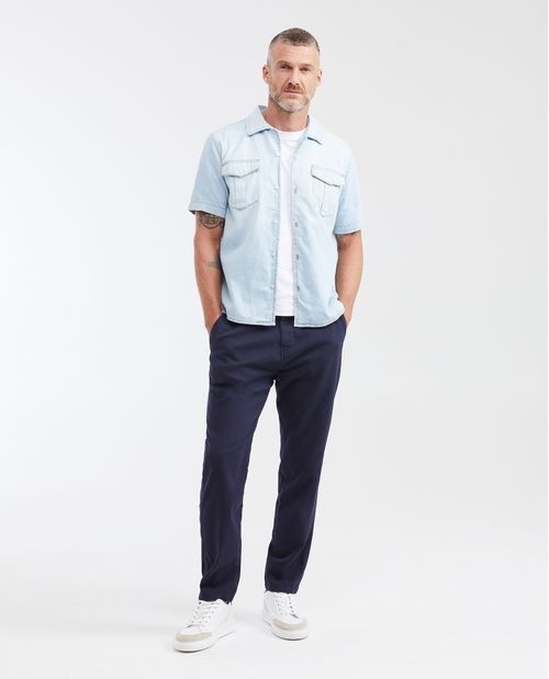 Camisa en Denim Slim Fit Manga Corta Azul Claro para Hombre