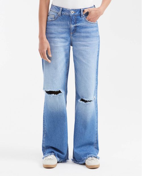 Jean High Rise Bota Relaxed Azul Medio con Rotos para Mujer