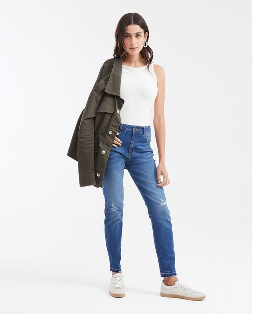 Jean Super High Rise Bota Slim Azul Oscuro con Rotos para Mujer